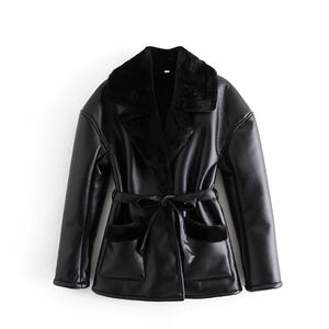 Winter Women Black Keep Warm Belt Windproof Faux Fur Female Simple Long Sleeve Lapel Coat 210520