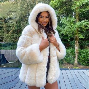 Fluffy Hooded Faux Fur Casaco Mulheres Casacos de Inverno Grosso Quente Manga Longa Casaco de Pele Plus Size Casacos de Inverno 211220