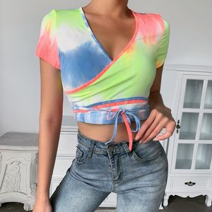 Summer Woman Fashion T-shirts Tie-Dye Printed Tee Shirt Women Skinny sexy V-neck Women's Crop Top Youthful lively Top 210422