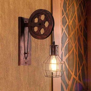 Vintage LED -Riemenscheibe Wandlampe American Retro Loft Wall montiert Luminaire Schmiedeeisen -Rost -Federung Industriemeuchtigkeit 210724