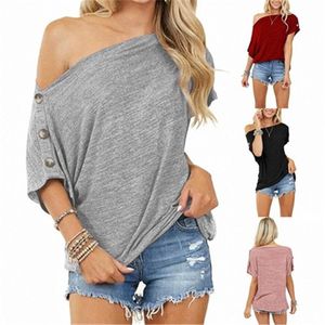 WomenS Slash Neck Strapless T-shirt Tees Fashion Trend Buttons O-neck Short Sleeve Tops Summer Female Solid Colors Loose Bottoming Tshirts