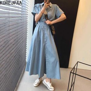 Korejpaaの女性のドレス夏の韓国のシックなミニマリストの気質襟のシングルブレスト半袖スリムシャツVestidos 210526