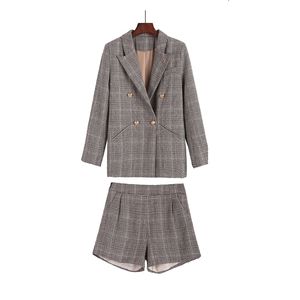 Women Vintage Brown Plaid Houndtooth Blazer Shorts Two Pieces Set Suit Elegant Winter Notch Collar T0264 210514