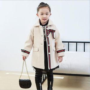 Мода девушки длинные стиль шерстяные пальто с жемчужной кнопкой осень зима детские куртки детская девушка для детей 2 цвета 2-7 лет