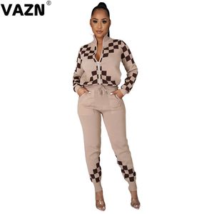 VAZN 2020 Nowe Kobiety Plaid O-Neck Elegancka dama Zestaw Odzież Odzież Garnitur Kobiety Pełny Rękaw Dres X0428