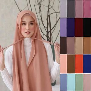 Muslim Chiffon Hijab Scarf with Bandage Solid Color Convenient Headscarf Turban for Women Fashion Islam Headwrap Shawl Bonnet