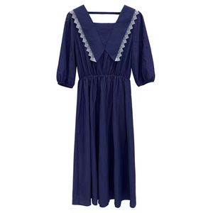 Women Navy Blue V-neck Half Sleeve Solid Empire Midi Long Dress Young Style Summer D2471 210514