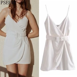 Beyaz Kısa Elbiseler Kadın Yaz Moda Kemer Kayışı Wrap Mini Elbise Kadınlar Zarif Kolsuz Kayma Seksi Sundress 210519