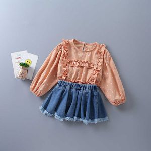 2-7 years high quality girl clothing set autumn fashion orange white polka dot shirt + denim skirt kid children clothes 210615