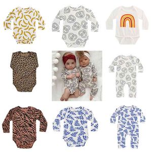 Baby Unisex Langarm Strampler Herbst Winter Ankünfte Leopard Banane Regenbogen Muster Onesie Säuglingsbaumwollkleidung 210619