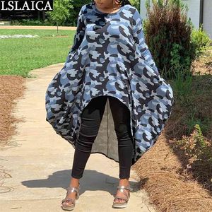 Vestido de manga comprida solta para mulheres camuflagem impressão irregular hem mulher África elegante streetwear es outono 210515