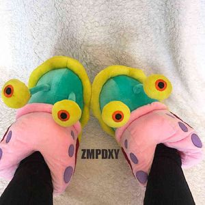 2021Winter Gary Plush Snail Slippers Women Warm Indoor Cotton Slides Men Cute Cartoon Fluffy Faux Fur Shoes Kids Warm Sandals Y1206