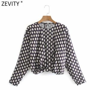 Zevity Women Vintage O Neck Hem Knotted Print Short Blouse Retro Office Ladies Long Sleeve Business Shirt Chic Blusa Tops LS7328 210603