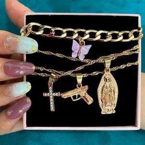 Multilayer Portrait Pendant Necklace For Women Golden Metal Pistol Gun Cross Butterfly Choker Hip Hop Jewelry Gifts Chains