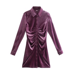 Spring Women Pleated Decoration Velvet Mini Shirt Dress Female Long Sleeve Clothes Office Lady Slim Vestido D7309 210430