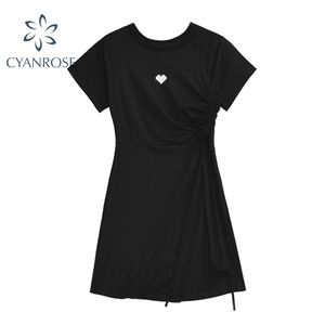 黒のセクシーなボディコン作物ドレスの女性のハイウエストスリム巾着包帯半袖スキニードレスストリートウェアトレンディなvestidos 210515