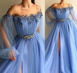 Sky Blue Long Prom Dresses A Line Off Shoulder Appliques Vestido De Fiesta De Boda Custom Made Plus Size Formal Party Evening Gowns Women Girls Special Occasion Dress