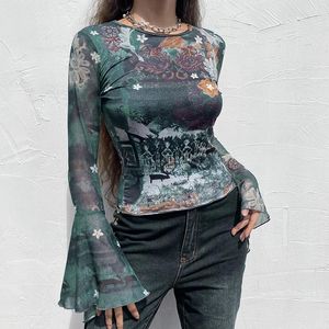 Women's T-Shirt Vintage Tie Dye Print Grunge Tops Mesh Flared Sleeve Patchwork Cute Baby Tee Fashion O Neck Slim E Girl Fairy Tshirts