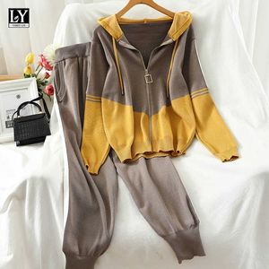 Ly Varey Lin Spring Autumn Women Two Piece Set Zipper Hoodies Lös stickning 2 stycken Sport kostym Casual Tracksuit 210526