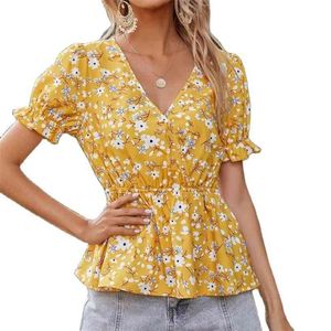 Dorywczo Dopasuj Drukowane z krótkim rękawem V-Neck Waist Puff Sleeve Top Latem H Moda Odzież damska 210520