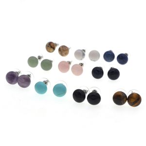 Charm Stud Natural Gem Bola Brincos Ametista Rosa Quartz Agate Crystal Jewelry Adequado para mulheres e meninas