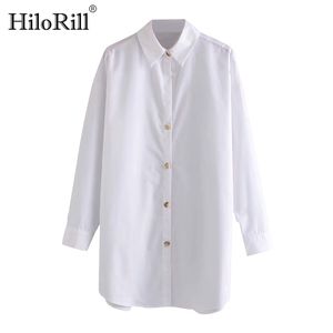 Women Casual White Cotton Blouse Shirt Loose Long Sleeve Solid Blouses Office Turn Down Collar Top Blusas 210508