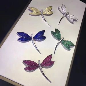 925 Sterling Silver z Cubic Cyrkon Dragonfly Broszka Pins White Green Blue Yellow Color Fine Women Jewelry