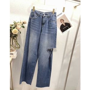 Women Chic Fashion Ripped Hole Wide Leg Jeans Vintage High Waist Zipper Fly Denim Pants Female Trousers Mujer Spring Summer 210527
