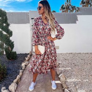 Nuovi abiti maxi con stampa floreale vintage per le donne estate 2021 manica lunga con scollo a V increspature abito da festa casual primavera donna abiti Y0603