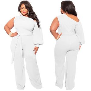 Women Solid Color Plus Size Rompers Fashion Trend Diagonal Collar One Sleeve Tops Straight Pants Playsuit Designer Summer Female Casual Jumpsuits