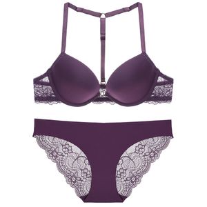 Högkvalitativa kvinnor underkläder set sexig backlbra och transparent panty vadderad broderi super push up underkläder främre stängning x0526