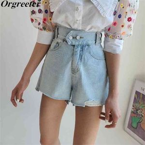 Streetwear Fashion Chic Ripped Edges Denim Shorts Women Double Button Light Blue Summer Female Jeans 210722