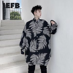 IEFB Men's Wear Spring Leaf Pattern Printed Men's Loose Long Sleeve Shirts Oversize mid Length Shirt 9Y3742 210524