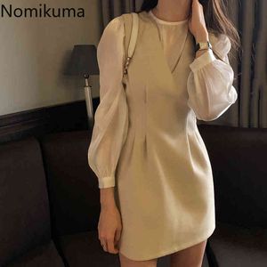 Nomikuma Kvinnor Två Piece Set Koreansk stil Långärmad Blusar Vintage V Neck Mini Dress Ladies Office 2 Pieces Outfits 3c785 210514