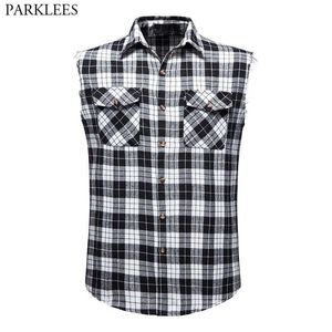 Double Pocket Sleeveless Plaid Shirt Men Casual Flannel Snap Shirt Male Cowboy Button Down Cotton Plus Size Vest Shirt Chemise 210522
