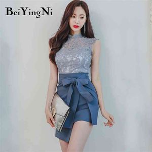 Women's Two Piece Set OL Mini Skirt Sleeveless Tops Female Bowtie Hollow Out Blouses Office Ladies Suits Chic Costumes 210506