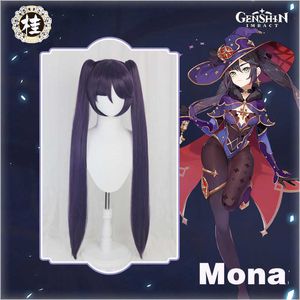 Pre-sale uwowo spel genshin inverkan mona megistus cosplay peruk astral reflektion 90cm lila tvilling svans peruk y0903