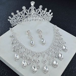 Jewelry Vintage Crystal Silver Bridal Crown Necklace Earring Sets Women Jewelry Wedding Accessories Set