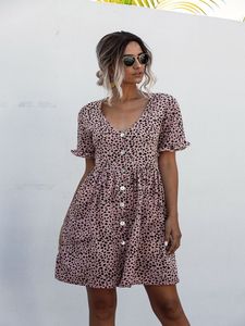 Summer Dress Women Floral Printed Pleated Butterfly Short Sleeve Casual Loose Mini V-Neck Ladies Clothes 210521