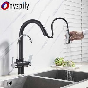 Onyzpily Matte Black Filtered Crane For Kitchen Pull Out Spray 360 Rotation Water Filter Tap Dual Water Modes Sink Kitchen Fauce 211108