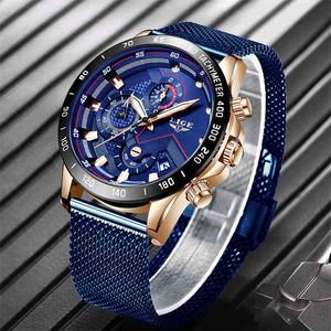 Lige Blue Casual Mesh Belt Fashion Quartz Gold Watch Mens Klockor 210527