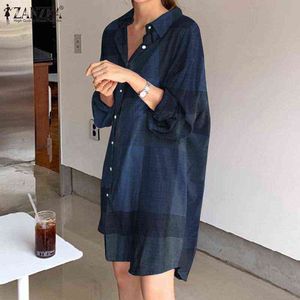 Elegant Spring Shirt Dress ZANZEA 2021 Women's Sundress Long Sleeve Short Vestidos Female Casual Check Robe Femme Y220214