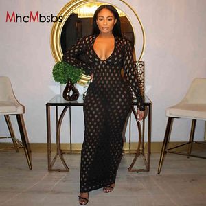 Sexy Black Hollow Out Holes Maxi Dress Women Long Sleeve Bodycon See Through Birthday Robes Party Club Dresses Summer 210517