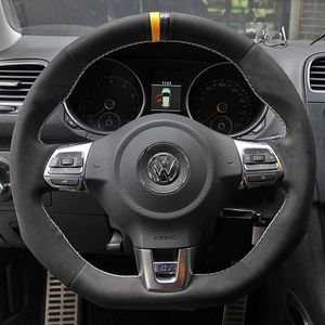 Volkswagenゴルフ6 GTI MK6 /ポロGTI / Scirocco R Passat CC用DIYブラック純正レザースエードソフトカーステアリングホイールカバー