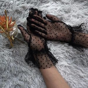 Five Fingers Gloves 1 Pair Women Sexy Transparentes Short Dot Print Black White Mesh Tulle Female Club Prom Party Dancing Dress Glove