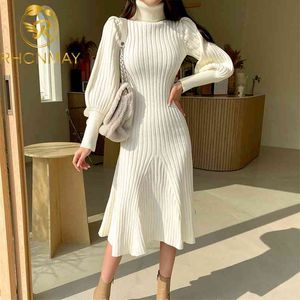 Korea Knitted Dress Women Autumn Winter Fashion Vintage Turtleneck Lantern Sleeve Sweater Dresses Mermaid Vestidos 210506