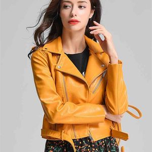 Moto Leather Jacket Women Short Biker Coat Zipper Ytterkläder Slim Black Yellow Faux 210430