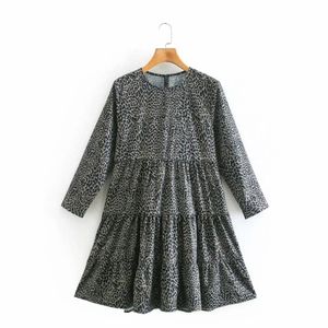 Vårkvinnor Leopard Print Tiered Ruffle Mini Klänning Kvinna Nio Kvartär Ärm Kläder Casual Lady Loose Vestido D7091 210430