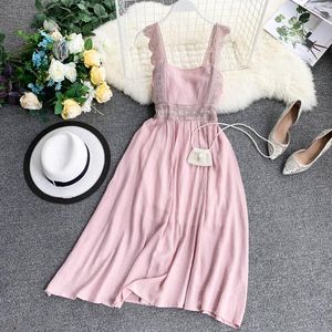 Sommer Frühling Damen Mode Spitze Vintage Kleid Spaghetti Strap Trägerlos Solide Hohe Taille 210520