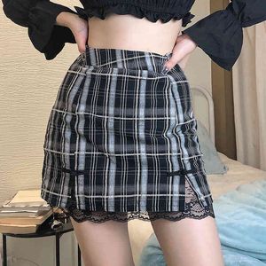 Summer High Waist Pleated Skirts Black Gothic Sexy Cute Mini Plaid Skirt with lace Women A-line plaid skirts 210524